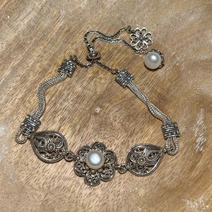 DGS Turkey Filigree Floral White Pearl 925 Sterling Silver Adjustable Bracelet